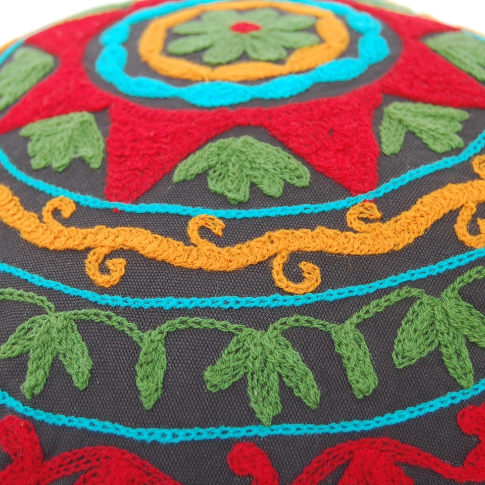 Ethnic Floral Round Embroidered Suzani Floor Cushion Cover Pom Pom Cotton 16" - Image 4 of 4
