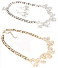 Cute Rhinestone Multi Bow Necklace and Earrings Set Ribbon Gold Silver