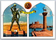 Colossus of Rhodes Port Boat View Columns Statues Greece Vintage Postcard Rodos