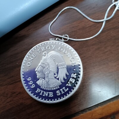 #ad Mayan Calendar Aztec God Tonatiuh Charm 40 mm Necklace is .925 Sterling Silver $17.50