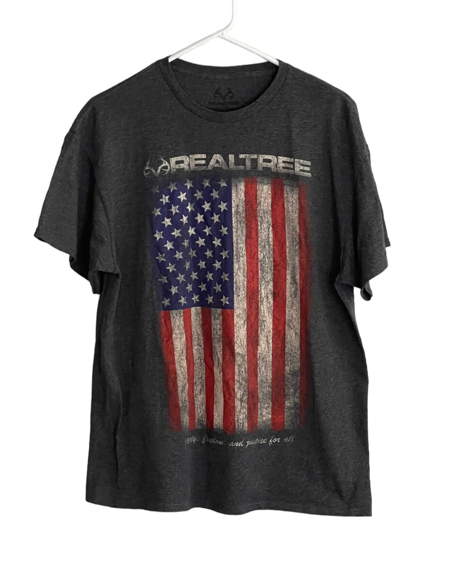 Realtree Camo USA Flag Tee Men's Large Gray Short Sleeve Shirt