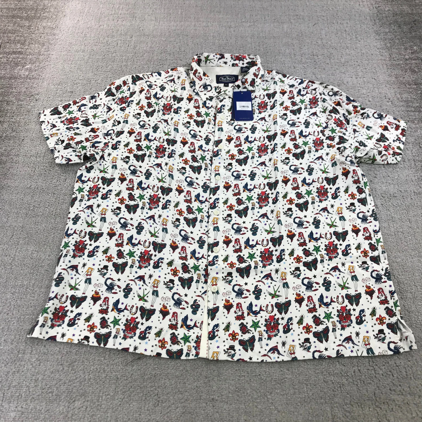 Nat Nast Shirt Mens Extra Large Button Up Hawaiian Camp Tattoo Art Scorpion Car