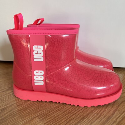 NEW UGG Girls Pink Rubber Kid's Classic Clear Mini II Ankle Boots Size 5