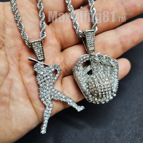 Baseball Hitter & Glove Cubic Zirconia Pendant 24" Rope Chain Hip Hop Necklace - Picture 12 of 12