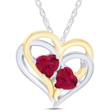 Double Heart Pendant Necklace Gemstone Ruby  Real Diamond Sterling 18" Chain