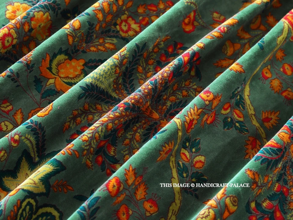 Indian Velvet Upholstery Fabric Sewing Running Fabric Green Floral By The Yard - Image 4 of 4