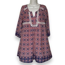 Entro Boho Geometric Print Crochet Lace Split Neck Tunic Mini Dress Women Medium