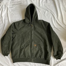 Vintage Carhartt J130 MOS Moss Green Hood Duck Canvas Mens 3XL Work Faded Jacket