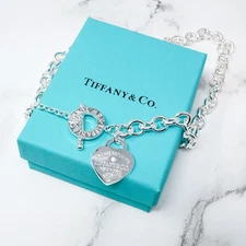 Tiffany & Co. Necklace Silver Heart Tag Toggle Pendant Chain & Crystal Gift Box