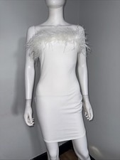 Boohoo Bandeau Feather Mini Bodycon Dress White UK 8 With Stain Threads Out