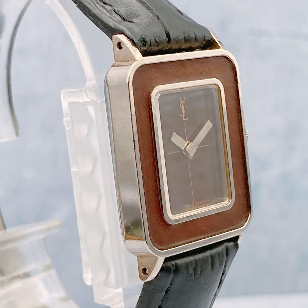 YSL Rectangular Quartz Watch Brown Dial Black Str… - image 7