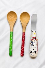 Vintage Holiday/ ChristmasKitchen Utensil Set Snowman Spreader  Bamboo Spoons