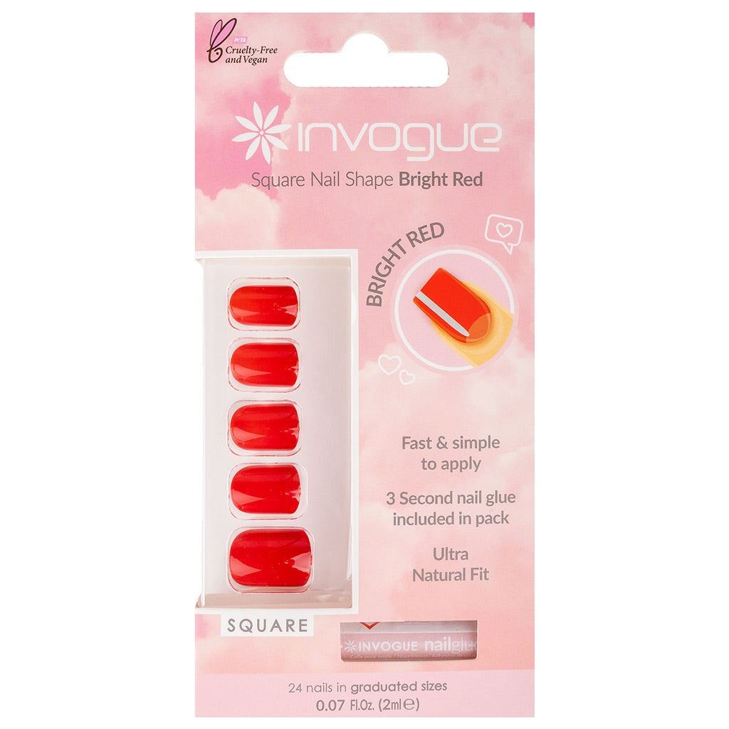 Invogue False Nails with Glue Included - Square Medium Length - Bright Red - Image 2