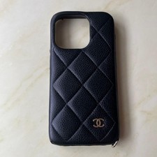 CHANEL iPhone 15 Pro Case Cover Only Black Caviar Leather CC Logo Used