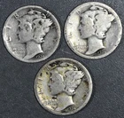 1924-PDS 10C MERCURY SILVER DIME 3 Coins KM# 140 Grade:  VG A6633