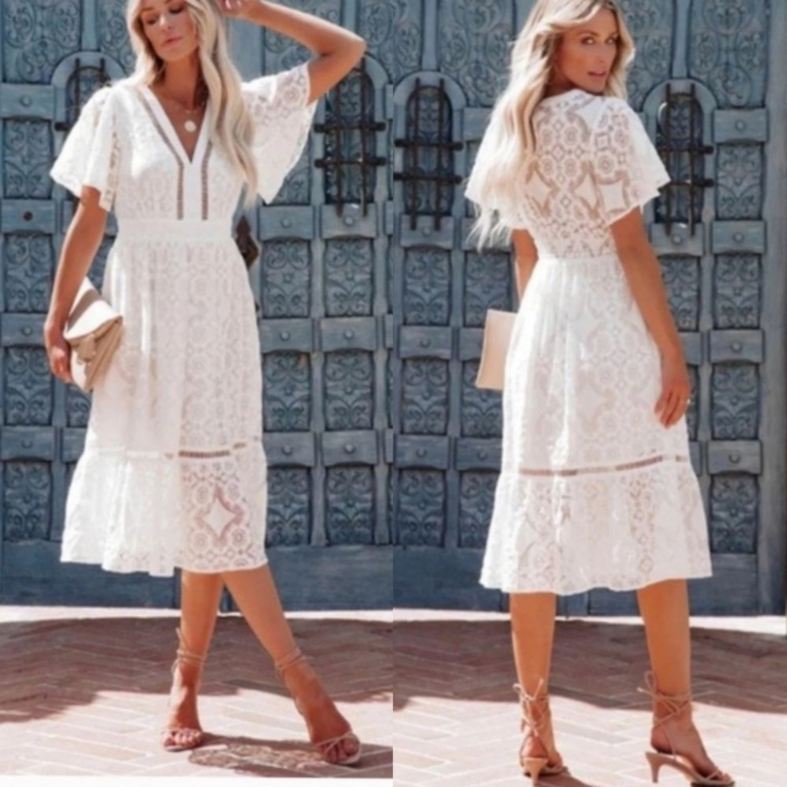 OFF WHITE Abito midi pizzo bianco sporco pomodoro volante piccolo boho festa nuziale resort estivo