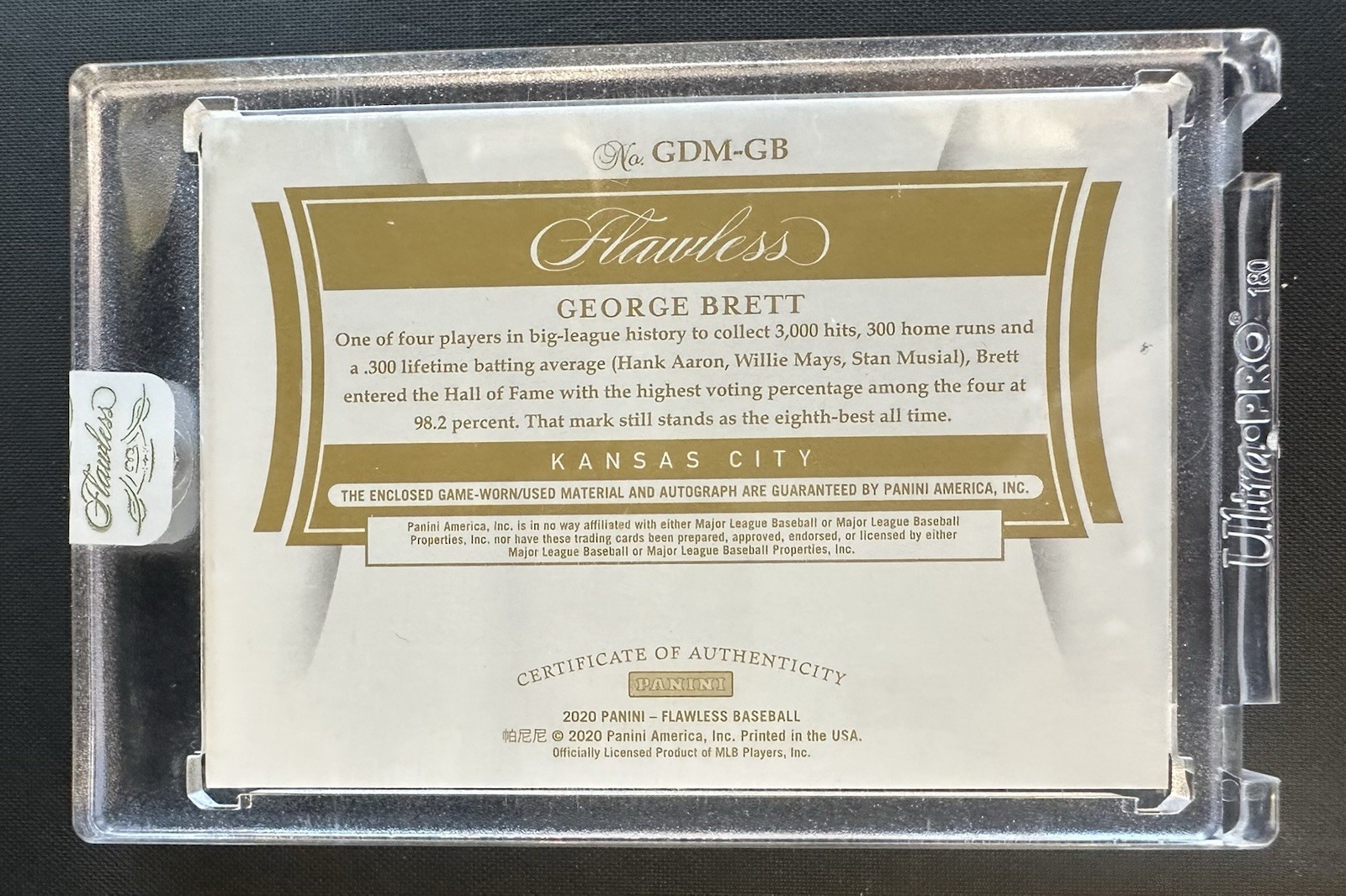 GEORGE BRETT 2020 Panini Flawless Greats - Dual Patch AUTO -KC Royals - HOF #/2 view 2