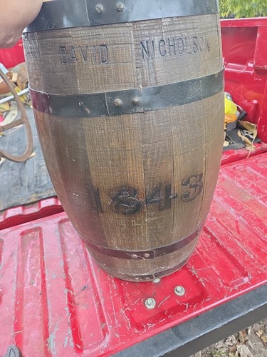 DAVID NICHOLSON 1843 WOODEN WHISKEY BOURBON BARREL METAL BANDS NUMBERED MAN CAVE