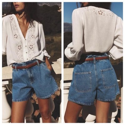 Zara Womens High Rise Paperbag Denim Shorts Normcore Casual Cotton Preppy Retro