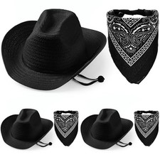 Cowboy Hats Set of 3 with Red Bandanas - Classic Western Cowboy Party Black