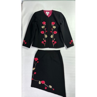 Vintage Size 12 Russell Kemp Black Rose Embroidered Blazer & Skirt Suit Set