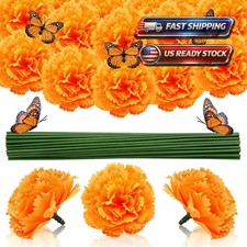 60Pcs Artificial Marigold Flowers, 2 Inch Silk Marigolds Bulk with Stems, Orang