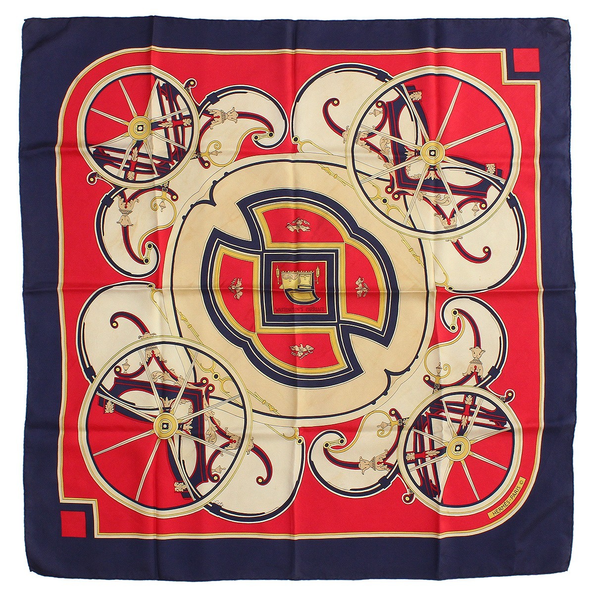 Hermes Scarf Silk Carre 90 Washington's Carriage Navy Red F343