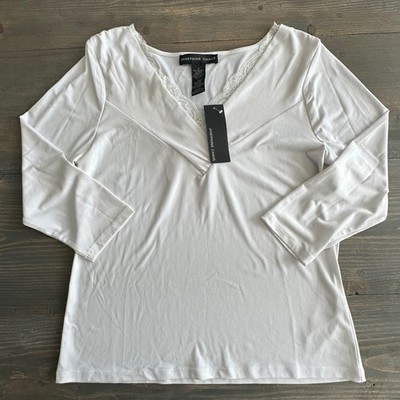Josephine Chaus White 3/4 Sleeve Lace Trim V-Neck Stretch Top Womens Sz L - NWT