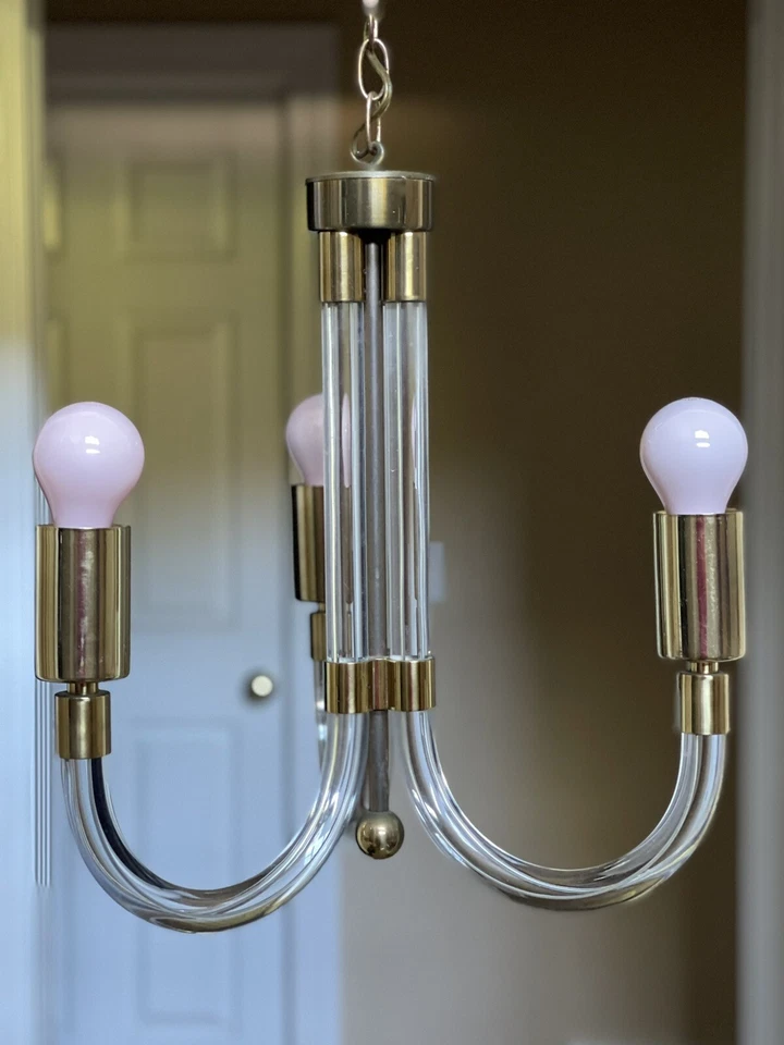 CHARLES HOLLIS JONES Lucite Acrylic Brass Chandelier Hollywood Regency 3 Arm - Image 2 of 4