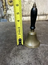  Antique Brass School Dinner Teachers Hand Bell Wood Handle - Beautiful Ring 