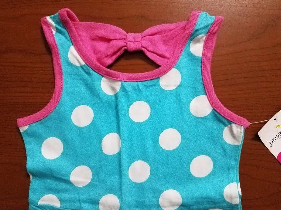 NUEVO VESTIDO SIN MANGAS JUMPING BEANS NIÑAS VERDE AZULADO BLANCO LUNARES ROSA LAZO EN LA ESPALDA TALLA 4 Foto 2 de 3