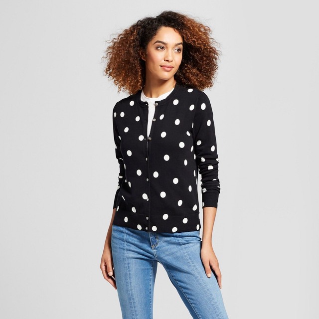 A New Day Women's Large Black White Button Up Sweater Polka Dot Long Sleeve NEW | eBay
