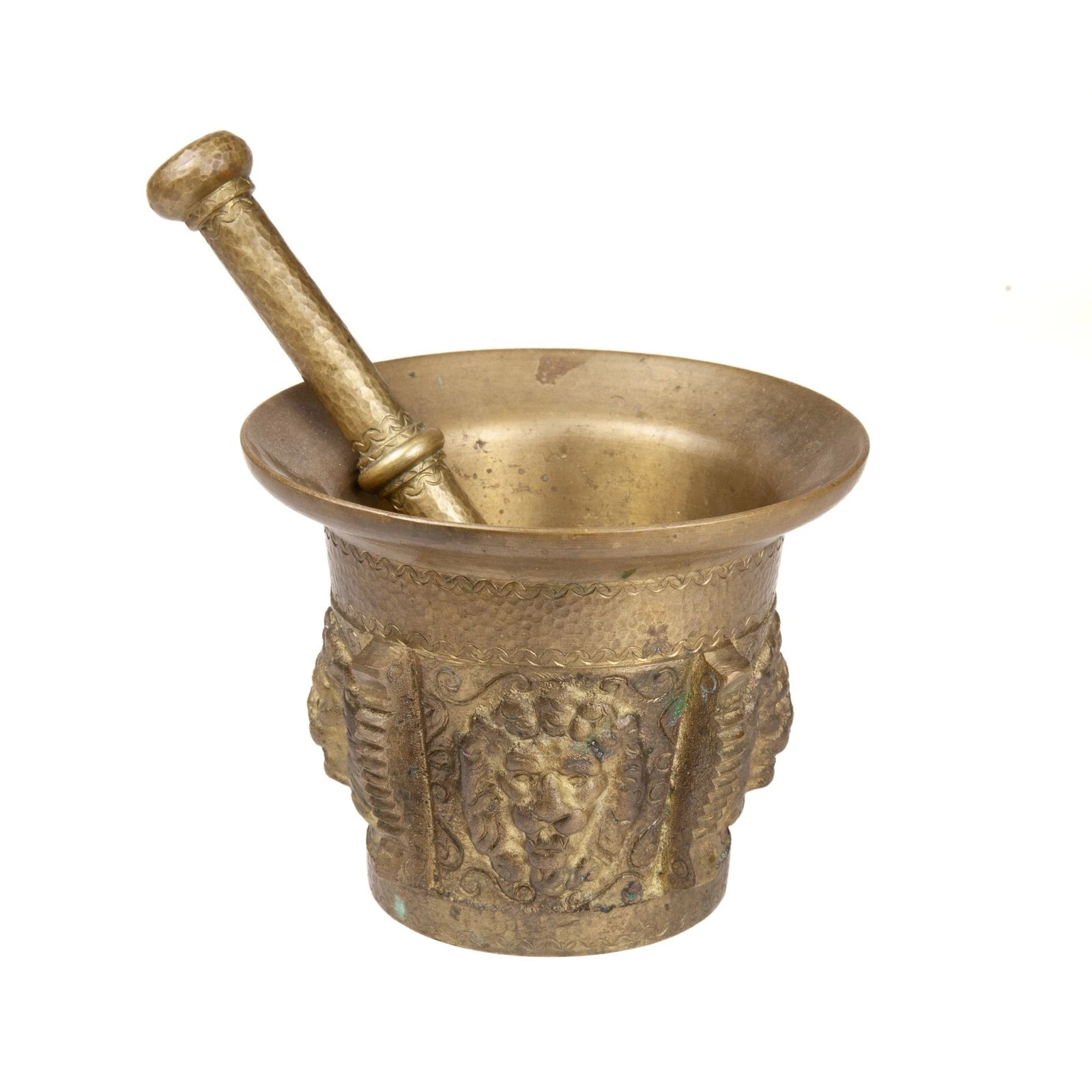20th c Large Solid Bronze Lion Head Design Mortar & Pestle Good Patina, w. 5lbs.