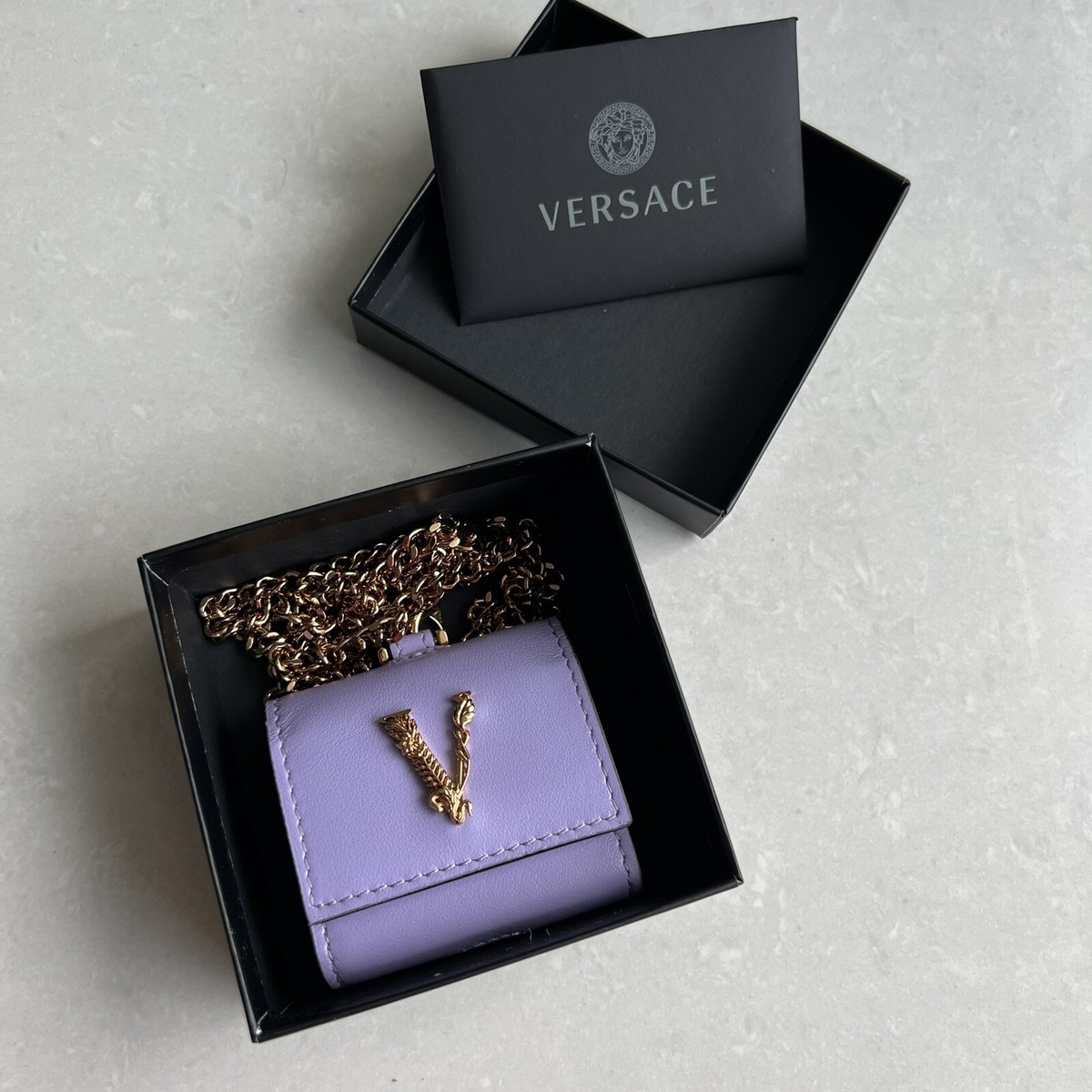 VERSACE Leather Virtus Airpod Case Purple NEW $415 | eBay