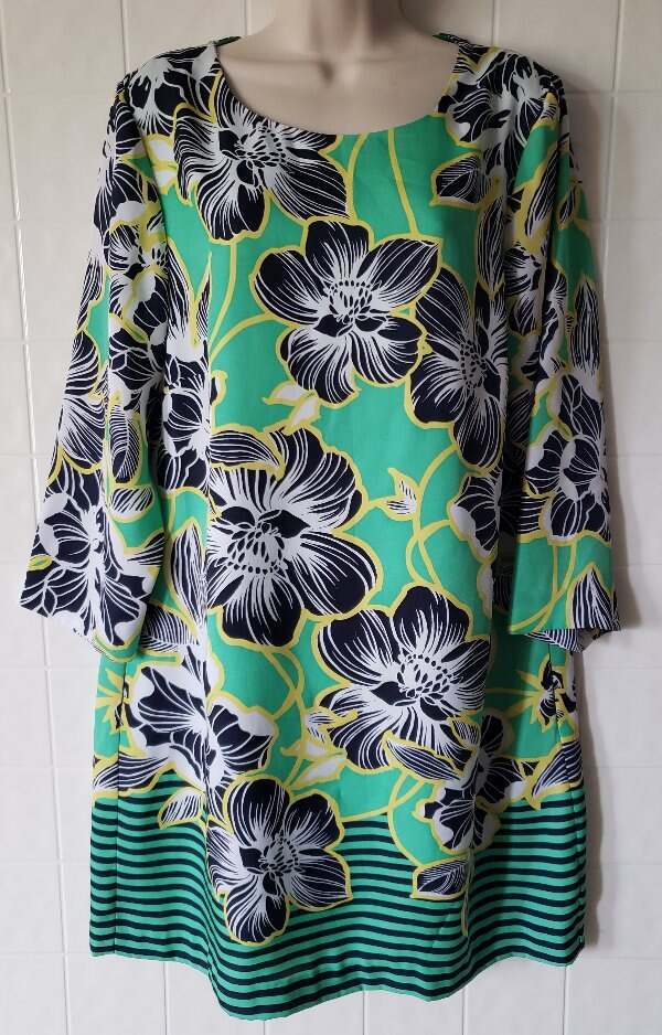 Crown & Ivy Womens Green & Black Hibiscus Floral Print Dress Above Knee Non  Iron
