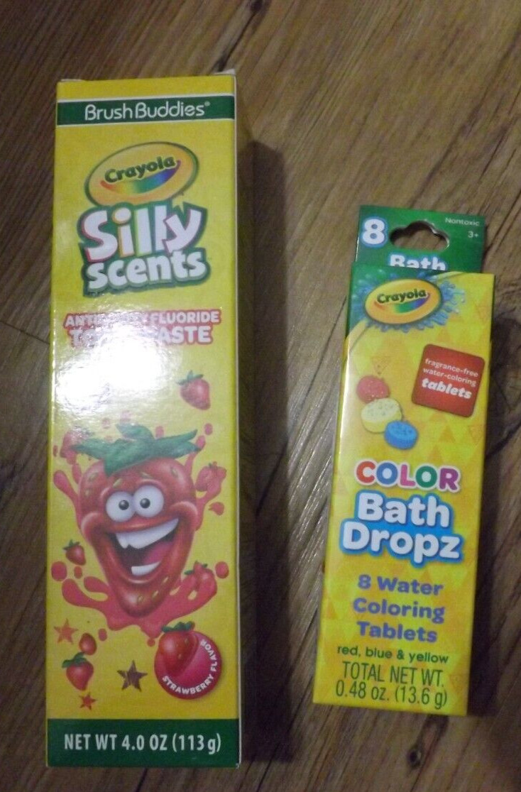 2 NEW Crayola Silly scents Strawberry toothpaste & 8 water coloring bath drops