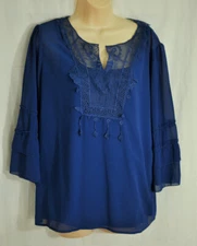women's BEDFORD FAIR dressy navy blue shirt size large 3/4 sleeve lace accents