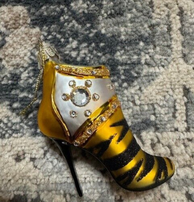 PIER 1 IMPORTS ANIMAL PRINT GLITTER HIGH HEEL SHOE ORNAMENT BLACK&GOLD O#12