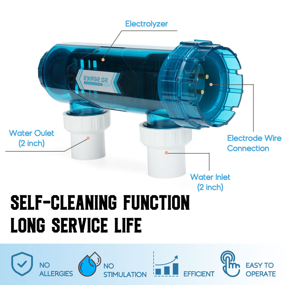 Salt Water Pool Chlorine Generator – 40k Gallon Capacity, Flow Switch, 115V, Adjustable Output
