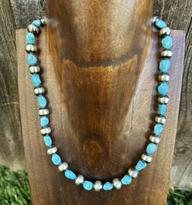 Sleeping Beauty Turquoise Sterling Silver Nuggets Pearls Bead Necklace. 18 inch
