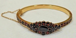 Authentic 9Ct Oval Lab Created Red Garnet Bohemian Bangle Bracelet 14K Yellow Gold Plated