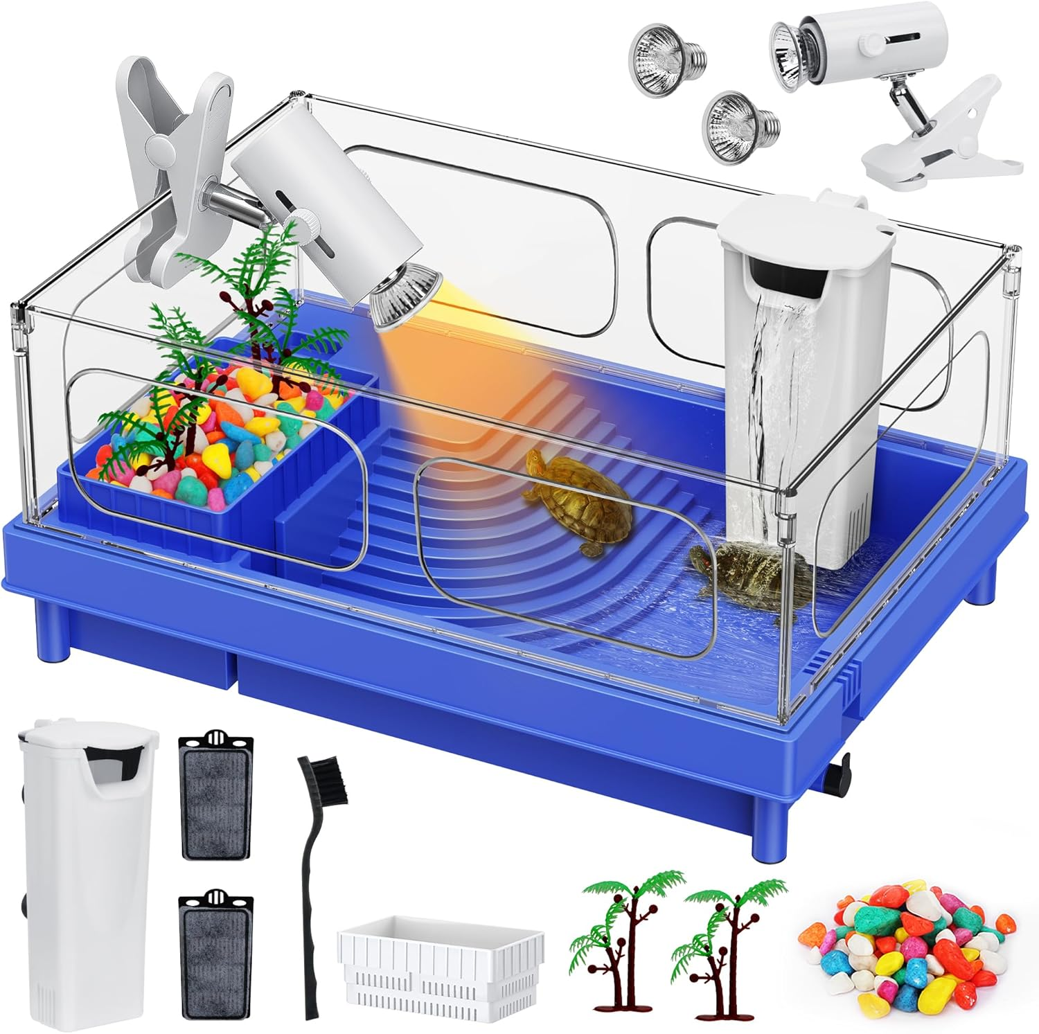 Turtle Tank Kit, Blue Small Turtle Tank Starter Kit, Turtle Aquarium with Light,