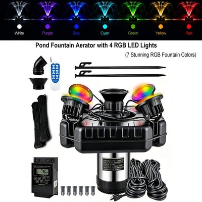 750W Pond Fountain Aerator with 4 RGB LED Lights(7 Color Options),15000GPH 1HP