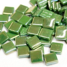 50 Tiles - 12 mm Iridescent Pine Green Glass Square Mosaic Tile Pieces
