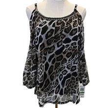 INC Womens Sheer Safari Cold Shoulder Top Sz L Petite Leopard Gold Chain NWT