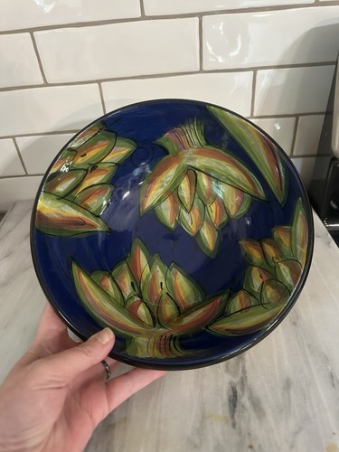 Stunning Hand Painted Blue Green Artichoke Centerpiece Bowl Signed EUC Italy - Picture 3 of 12