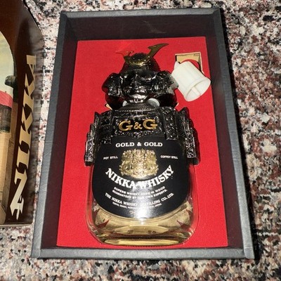 NIKKA Whisky Gold & Gold EMPTY Bottle & Box w/Samurai Helmet