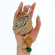 Large 6-Piece Keychain Set with Beige Rhinestone Fabric Flower  Charms