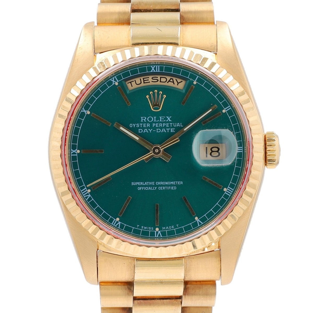 Rolex Mens Day-Date 18238 18K Yellow Gold RARE GREEN Index Dial