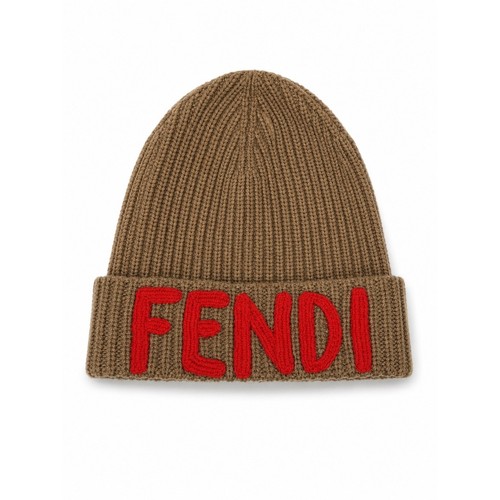 Fendi Roma Logo Wool Knit Beanie Hat Brown Red Made in Italy